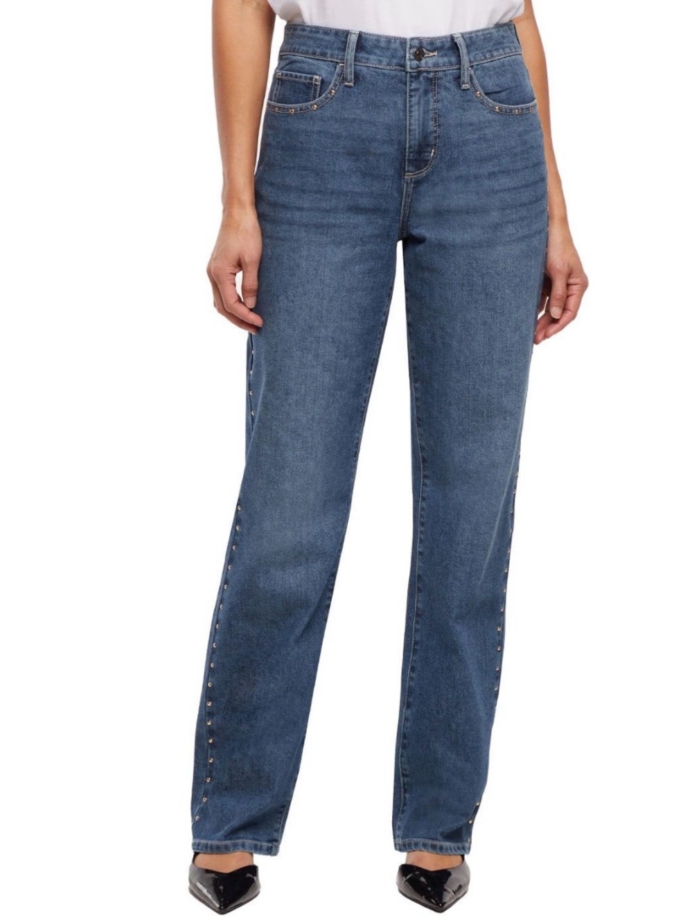 Express Women's Straight-Leg Embellished Jeans - Medium Wash Blue